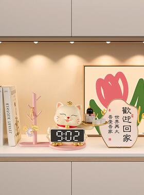 入口门廊钥匙储存装饰品幸运猫与时钟入口鞋柜装饰家庭乔迁礼物