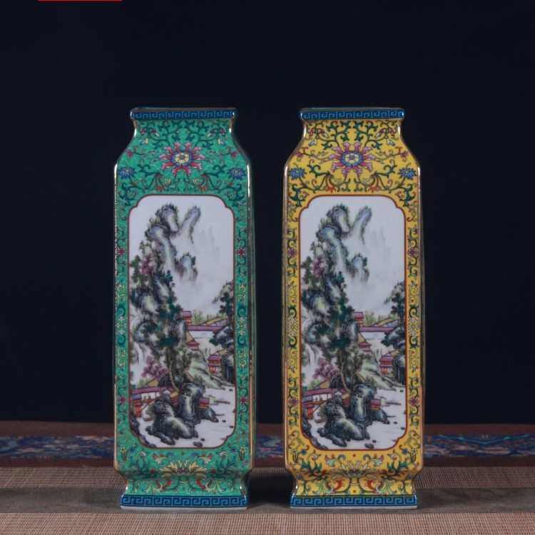 仿古四方瓶陶瓷插花摆件复古新中式珐琅彩花瓶粉彩山水客厅摆件,淘宝优惠券,粉丝福利购,淘宝优惠卷