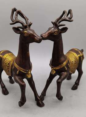 创意小摆件客厅件家紫工铜居鎏金福禄鹿一对鎏金福禄摆艺品现代简