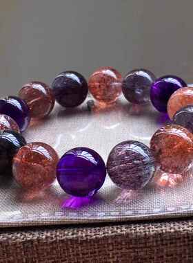 大颗粒超七手链金草莓晶紫红黑发晶手串男女款珠链规格15.5mm左右