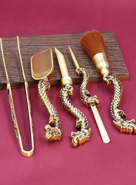 双龙SMT戏珠黄茶道六君子铜具配件套工装泡茶具茶筒笔茶刀勺高端