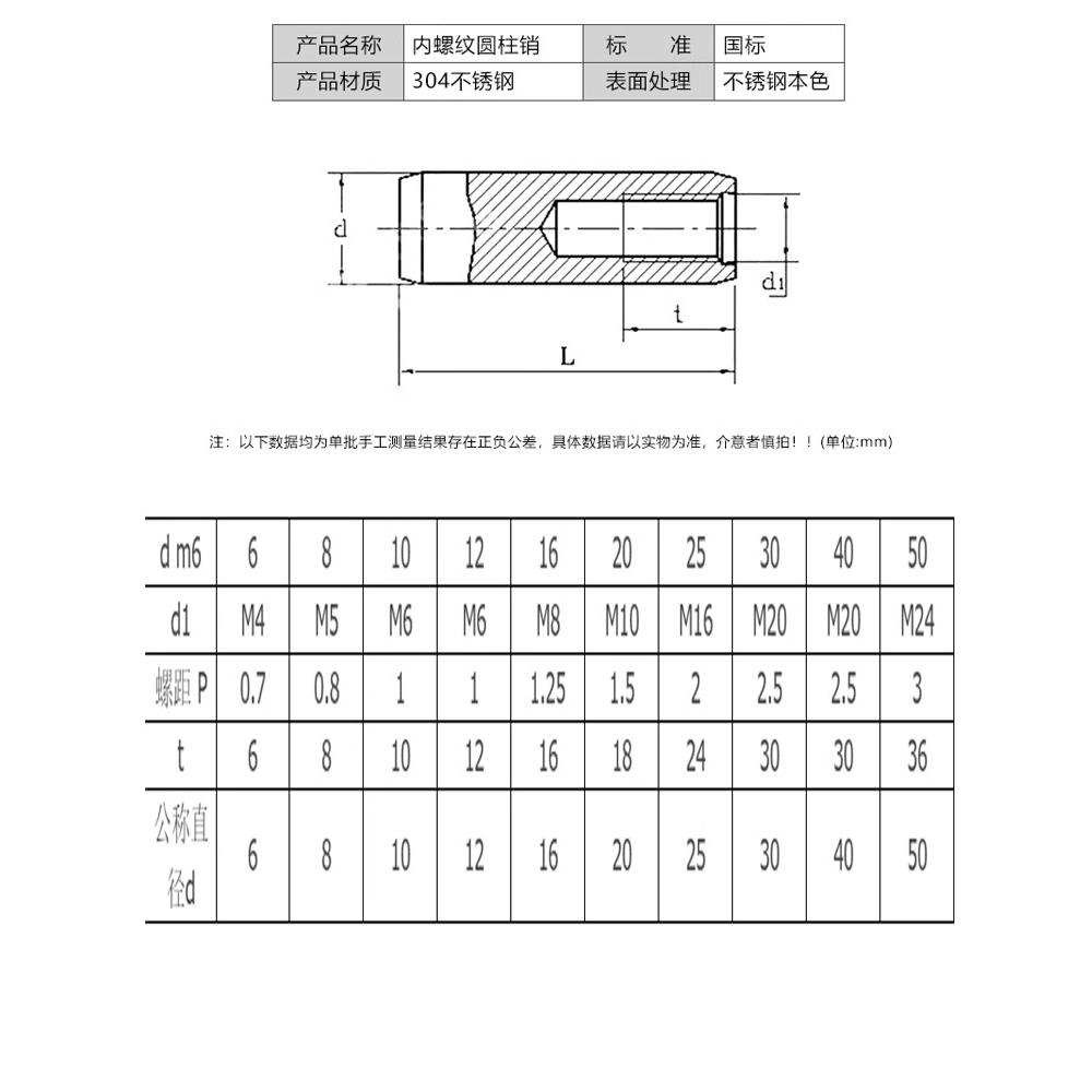 不锈钢双头/单头内螺纹圆柱销两头带孔支撑柱连接杆导柱M5M6M8M10 - 图3