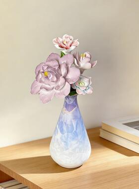 仿真花牡丹花桌面摆件景德镇陶瓷花结晶釉花瓶装饰摆件手捏瓷花