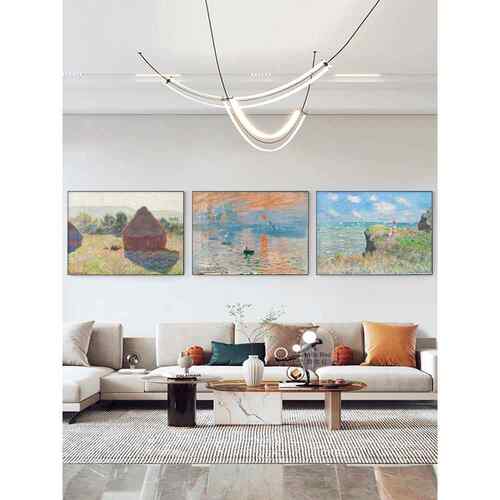 网红莫奈日名画沙发背油墙装画现代卧室饭厅墙画客厅景三联饰画出 - 图2