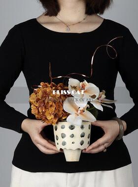 中国风红色陶瓷新花瓶插谈花酒店客咖啡桌洽桌厅插花设计小YUC桌
