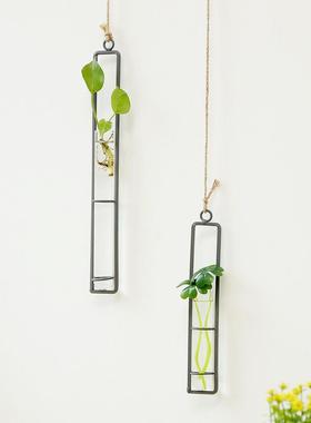 创意悬挂麻绳水培挂件铁艺玻璃花瓶客厅壁挂水培绿萝植物容器壁饰