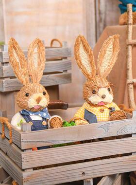 草编小兔子摆件卡通可爱动物装饰幼儿园花园庭院户外摆设家居饰品