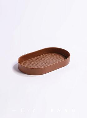 一匚轻奢皮革编织纹圆形托盘样板间售楼部茶几卧室装饰收纳盘摆件