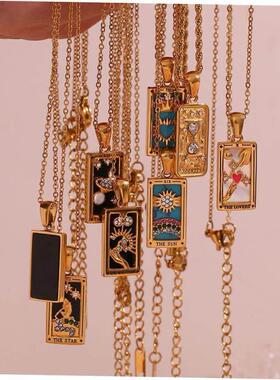 Stylish vintage rectangular zircon Tarot necklace塔罗牌项炼