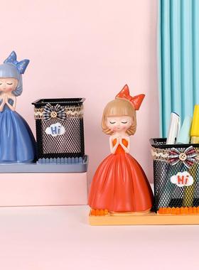 新款许愿小女孩笔筒树脂摆件少女心化妆收纳桶学生桌面多用途礼品