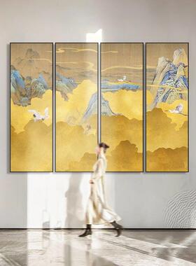 新款直销中式竖版装饰画抽象黄色意境风景画酒店大堂四联画茶室瑞