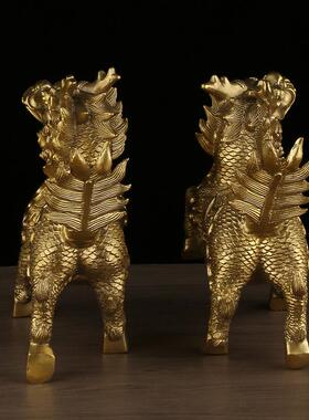 黄铜麒麟一对财富麒麟摆件火麒麟家居工艺品办公室桌面玄关