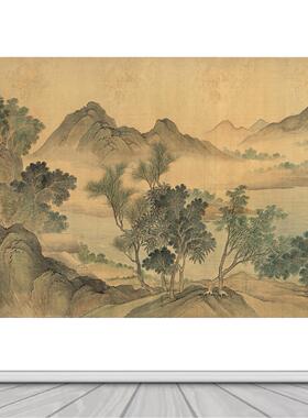湖山春暖图客厅装饰画宋代美学自粘山水风景画中式背景墙贴壁画纸