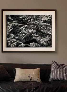 侘寂风入户玄关装饰画抽象麦穗走廊过道挂画立体砂岩横版肌理壁画