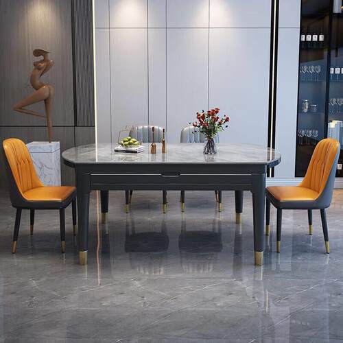 现代简约岩板实木餐桌椅组合家用小户型可伸缩方圆两用饭桌餐桌子 - 图2