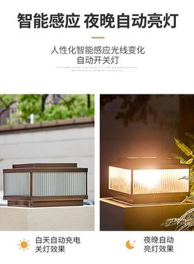 全铜新款太阳能柱头户外庭院灯大门简约防水别墅围墙柱子花园门柱