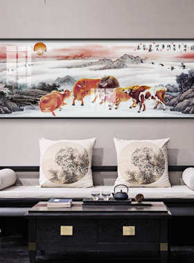 新客厅挂画晶国画书房背景装饰画五牛中式墙办公室瓷画壁画图沙发