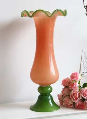中古风手工琉璃花瓶干花餐桌家居简约高级感法式复古桌面摆件花器
