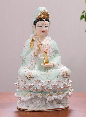 正品观音菩萨像陶瓷摆件高档不褪色玉瓷龙泉釉水座南海观世音菩萨