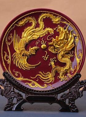 高档支架紫砂朱砂龙凤呈祥盘子摆件客厅装饰艺品送礼新人新婚结婚