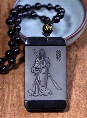 坠武财神黑吊玉器砭石挂件 批发黑曜石挂件礼品关公项饰墨玉