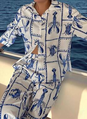 Women's Crab and Lobster Print Button-Up Shirt and Pants Set