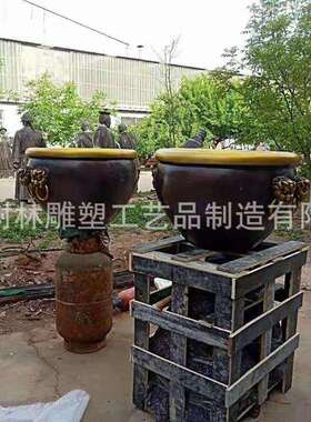铸铜工艺品双狮头拉环铜缸景观缸雕塑鱼鳞纹铜大缸
