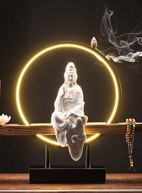 高档禅意玉净瓶萨观音菩佛灯件倒流香创意陶像瓷高档家居装饰工艺