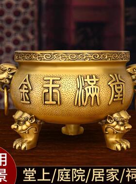 铜香炉摆件黄铜大香炉三脚炉家用上香供奉寺庙祠堂平底圆炉双龙炉
