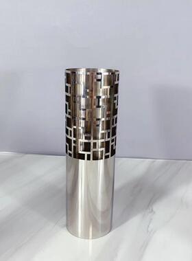 简约现代不锈钢镂空网格花器圆筒花瓶家居客厅桌面创意摆件装饰品