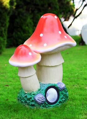 厂家直销户外玻璃钢蘑菇摆件花园青蛙蘑菇太阳能灯雕塑庭院装饰品