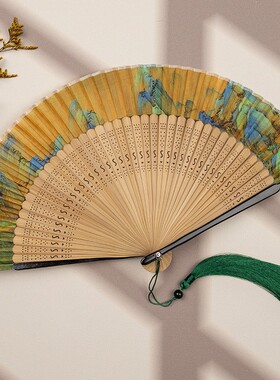 中国便携绿色古风扇子扇子竹雕
