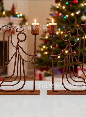 一件单个装生锈铁线天使烛台节日氛围装饰摆件，铁艺做锈烛台装饰