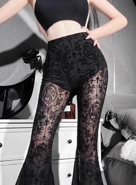 Women's Plain Floral Lace Sheer Flare Leg Pants Casual