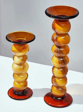 现代轻奢手工琥珀色琉璃烛台高级中古风家居摆件样板间客厅装饰
