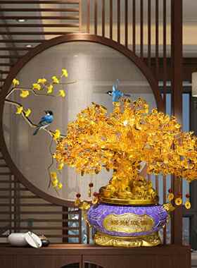 黄水晶发财树树聚水晶招财宝盆脂树工艺摆件家居办公中式招财摇品