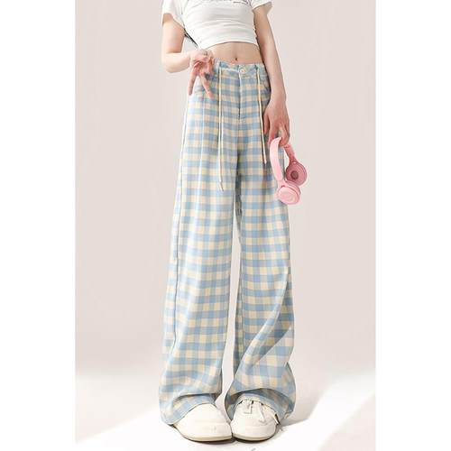 MZVZ多巴胺蓝色格子阔腿裤女夏季新款高腰宽松显瘦直筒休闲裤子潮 - 图0