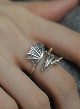 925 Silve Wing Dragon Punk Ring for Women Girl Party Gift R
