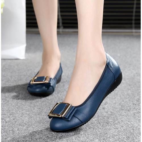 正品春秋妈妈鞋真牛底筋底软皮底单防滑鞋女式皮鞋百搭休闲平豆豆 - 图2