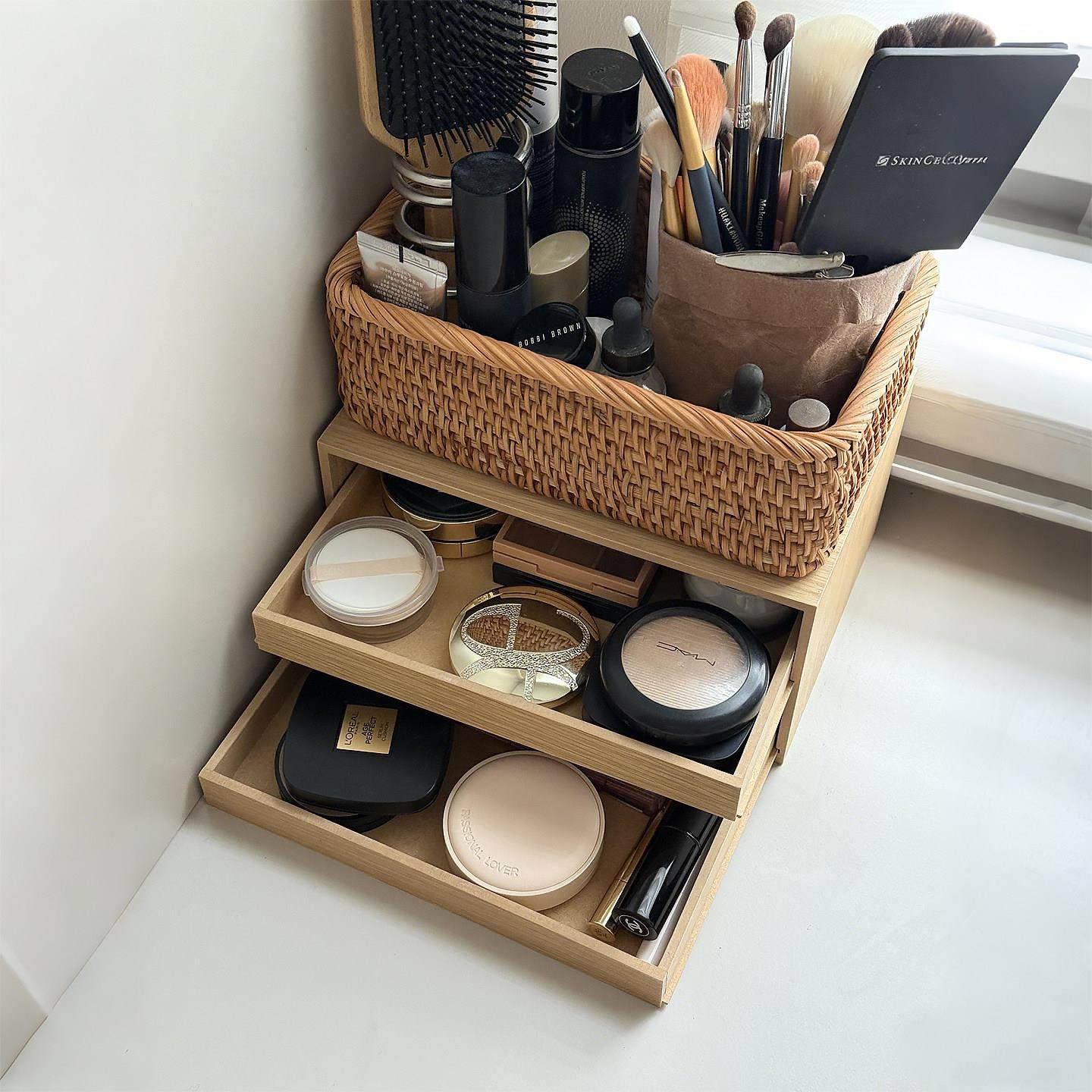 桌面化妆品收纳一体柜木质抽屉式护肤品收纳篮梳妆台置物架整理盒,淘宝优惠券,粉丝福利购,淘宝优惠卷