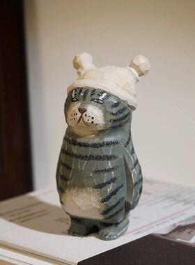 覆古创意木雕猫咪个性桌面摆件手工雕刻工艺礼品摆饰书房办公室造