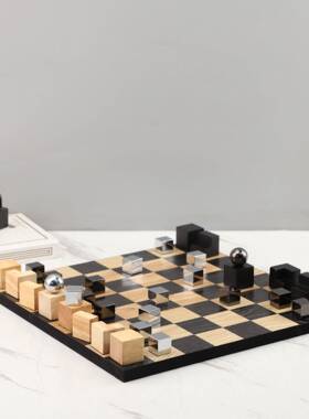 现简约创意端实木格子几何棋盘摆件客厅玄关样板间家居装饰品