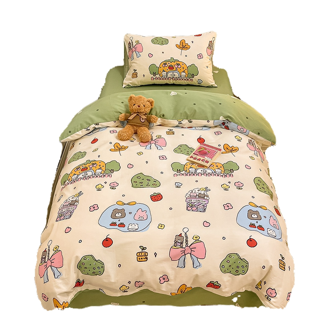 Ins Cotton Small Fresh Cartoon Student Door Three-Piece Set Pure Cotton Quilt Cover Bed Sheet Four-Piece Set Bedding