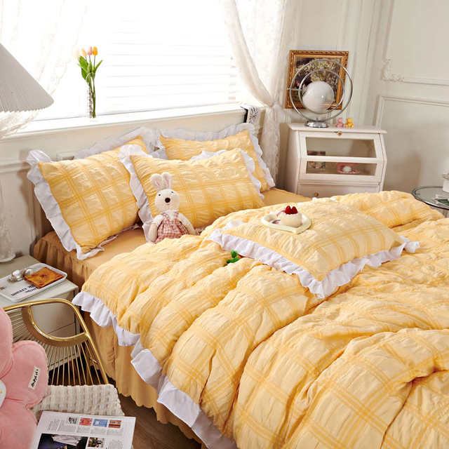 Bubble yarn full cotton wash cotton bed four-piece set pure cotton bed sheet quilt cover spring and summer fresh solid color bedding products