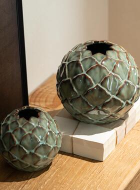 艺贝子侘寂风中古怀旧菠萝形状陶瓷花瓶玄关家居软装饰品客厅摆件