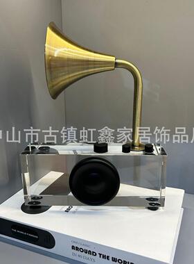 简约现代复古水晶金属留声机样板间家居客厅书房创意桌面装饰摆件