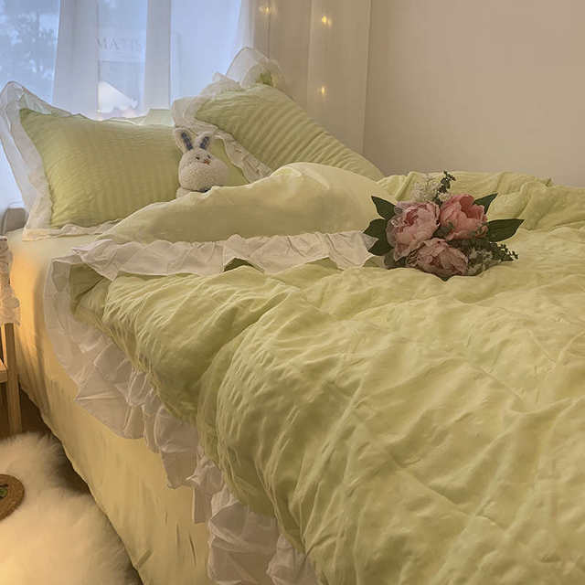 Ins girl heart bed skirt lace bedding bedding four-piece set milk green pure bed sheet student dormitory quilt cover three-piece set 4