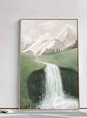 现代玄关装饰画客厅小众高级感山水绿色瀑布高山流水生财风景挂画