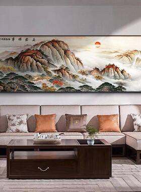 八方聚财山水画客厅挂画新中式沙发背景墙装饰画公室大气墙壁画