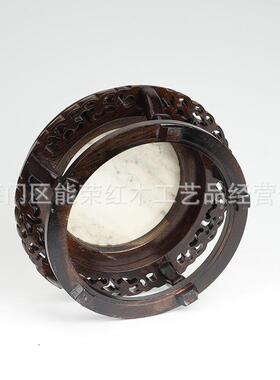 黑檀嵌大理石圆底座实木中式工艺品摆件奇石头花瓶底座木质托架